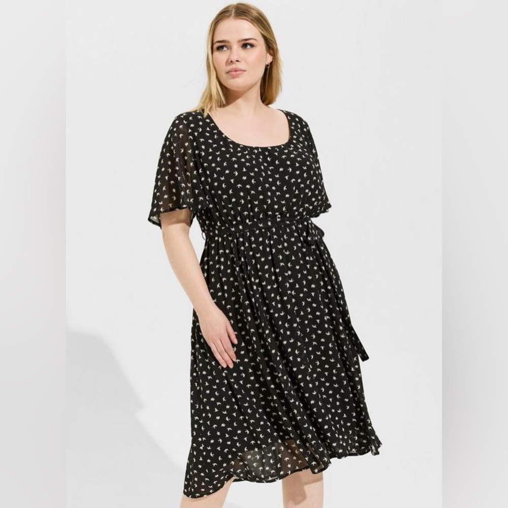 New Torrid Women’s Foy bird deep black Midi Chiffon Flutter Hi-Low Dress size 3X